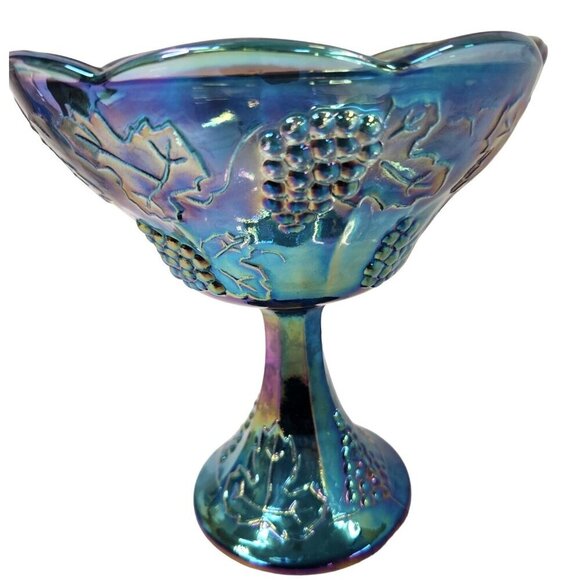 Vintage Indiana Iridescent Carnival Glass Grape Leaf Blue Compote Bowl Embossed - Picture 3 of 6